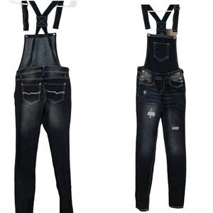 Almost Famous Woman’s Sz 3 X30” L Dark Wash Bib Overalls Jeans Distressed EUC